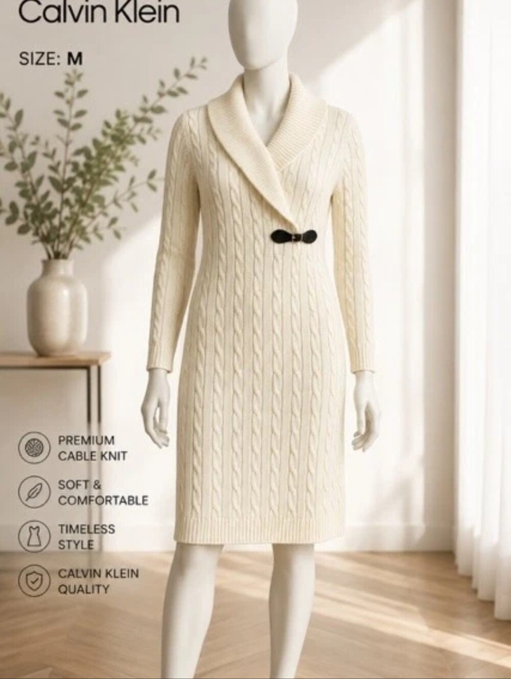 Calvin Klein Size M Ivory Cable Knit Faux Wrap Leather Buckle Sweater Dress EUC - Picture 2 of 16